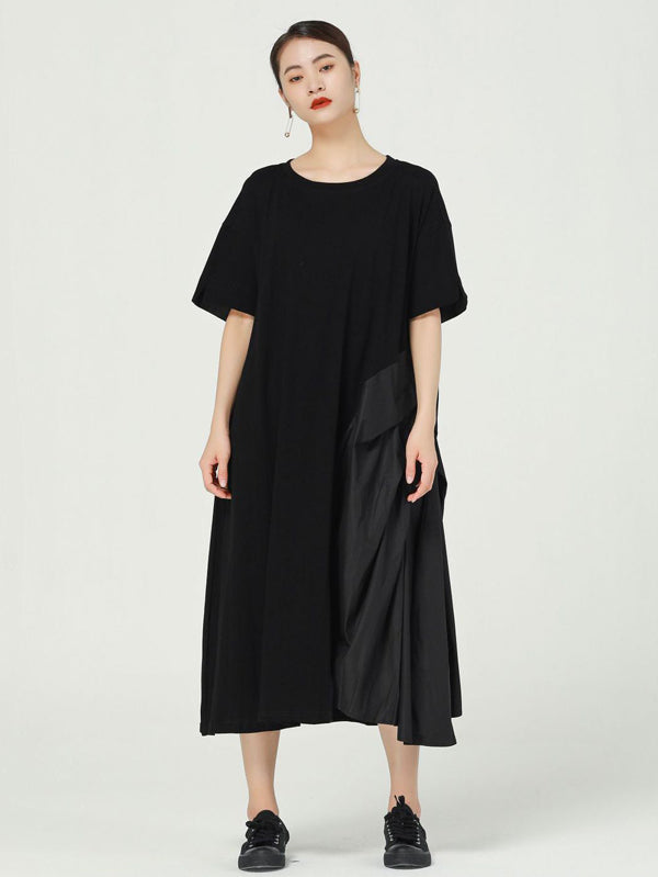 Stylish Asymmetric Split-Joint Round-Neck Loose Short Sleeves Midi Dress