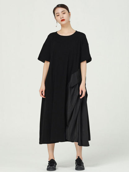 Stylish Asymmetric Split-Joint Round-Neck Loose Short Sleeves Midi Dress