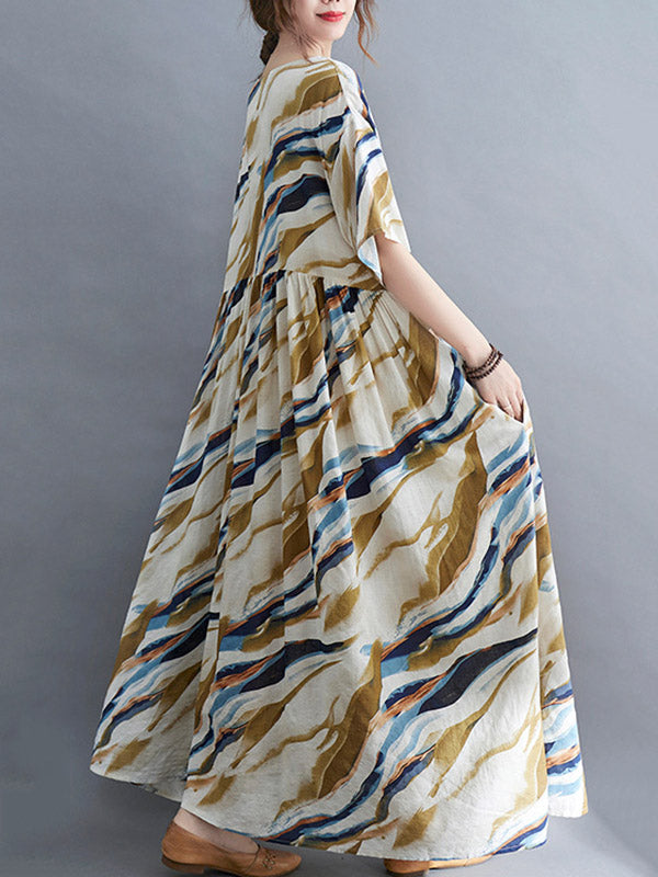 Vintage Loose Printed Split-Joint Pleated Half Sleeves Maxi Dress