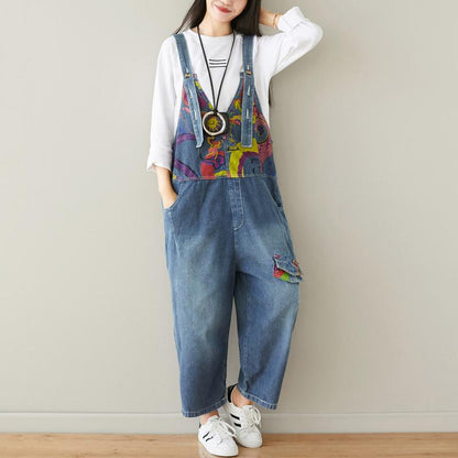 Buykud Printed Frayed Casual Loose Denim Jumpsuit