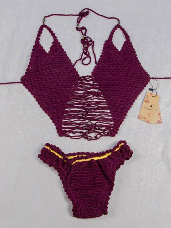 Crochet Hollow  Backless Split Bikini Swimsuit