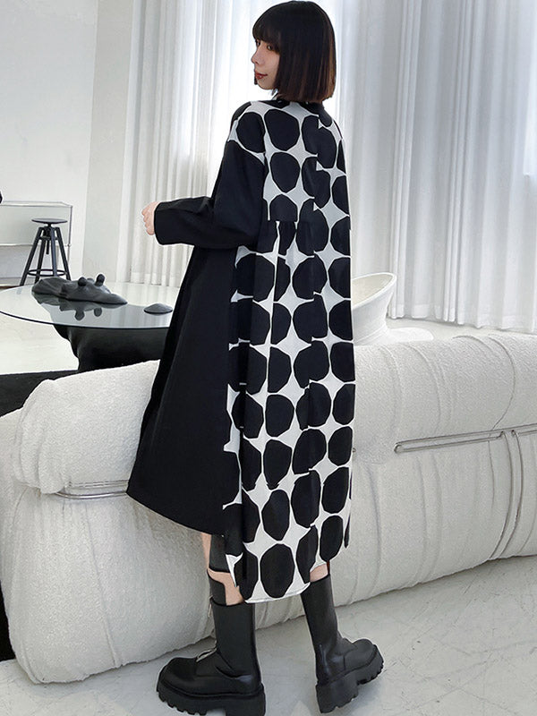 Stylish Irregular Polka-Dot Spit-Joint Buttoned Lapel Collar Long Sleeves Midi Shirt Dress