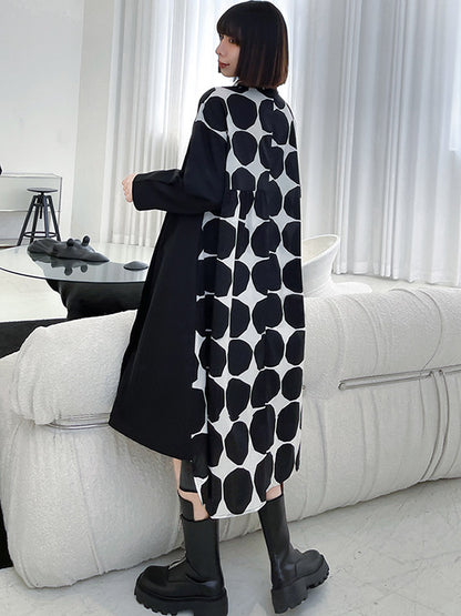 Stylish Irregular Polka-Dot Spit-Joint Buttoned Lapel Collar Long Sleeves Midi Shirt Dress