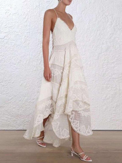 Embroidered V-neck Split-joint Beach Midi Dresses