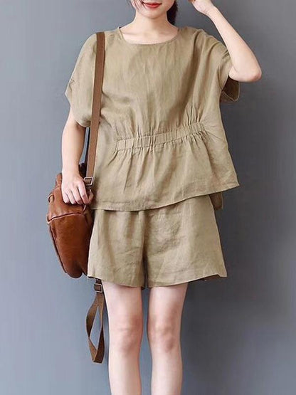 Loose Solid T-Shirt + Wide Leg Shorts Suit