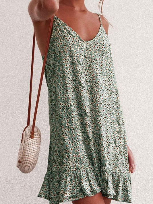 Falbala Split-joint Printed Condole Belt Dress