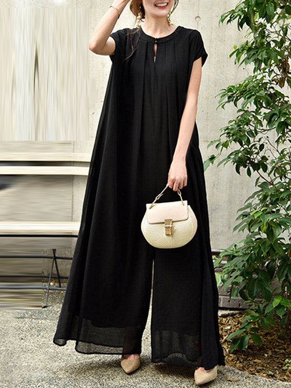 Stylish Chiffon Pleated Hollow Round-Neck Wide Leg Jumpsuits