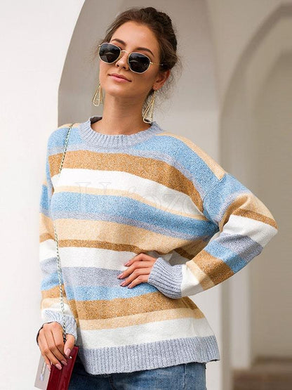 Two-tone Flocked Striped Loose Sweater