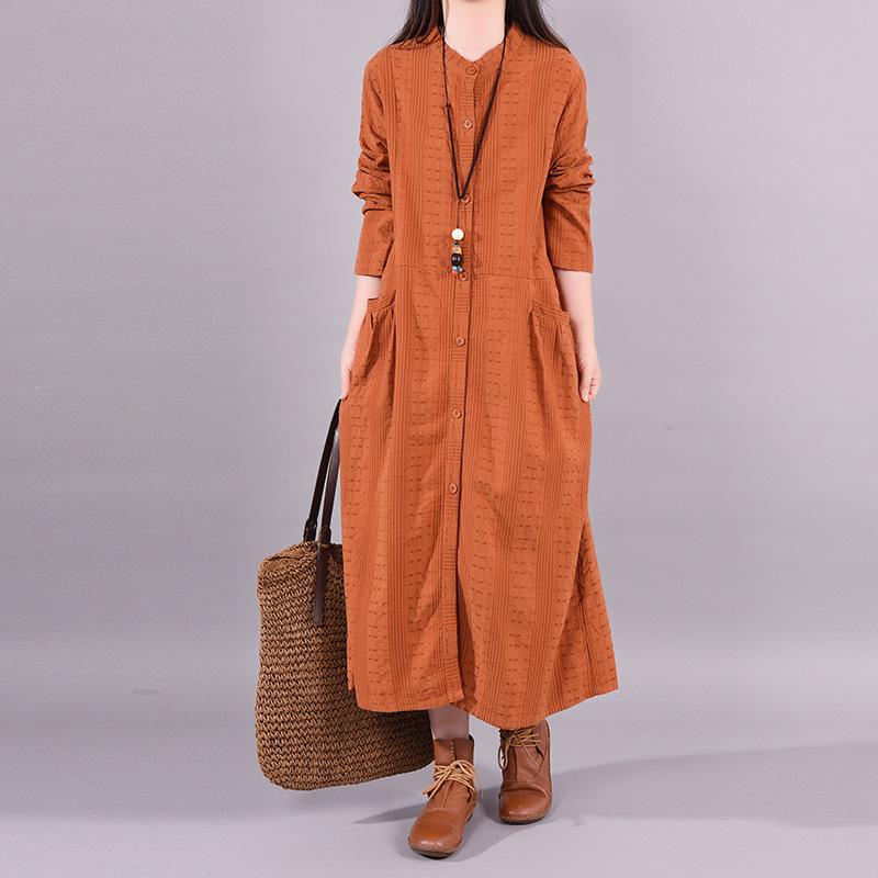 Buykud Single Breasted Embroidery Casual Loose Dress