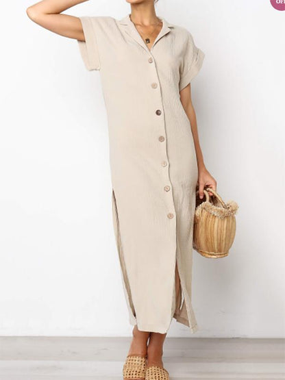 Simple Split-side V-neck Shirt Midi Dress