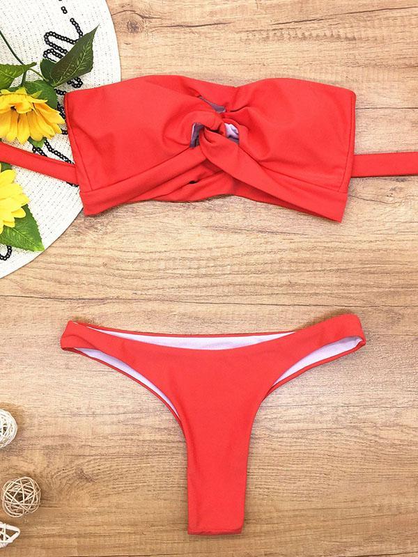 Strapless Knotted Solid Color Split Bikini Swimsuit