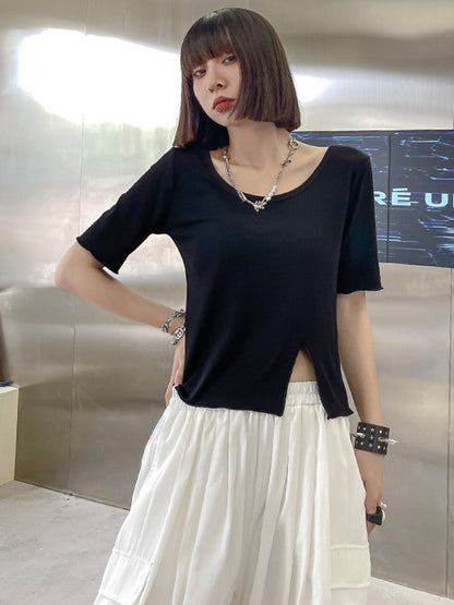 Casual Solid Color Split-Side Short Sleeves U-Neck Shirts