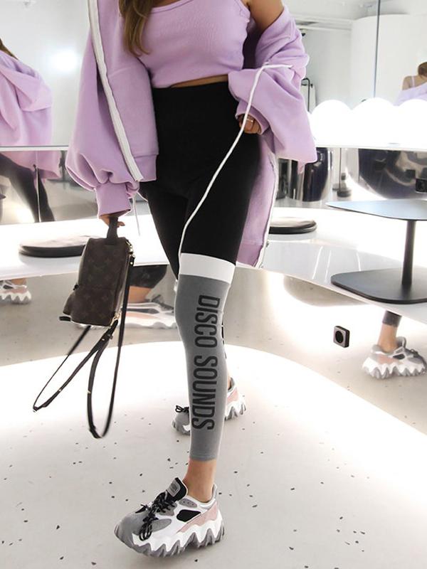 Wrap Letters Printed Contrast Color Leggings