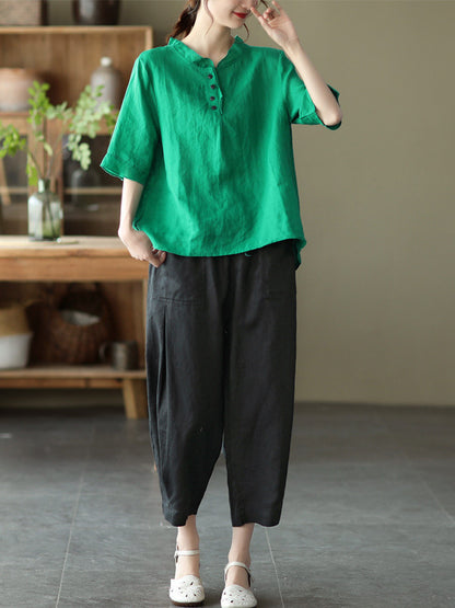 Original Linen Solid Color Half Sleeve T-Shirts Tops
