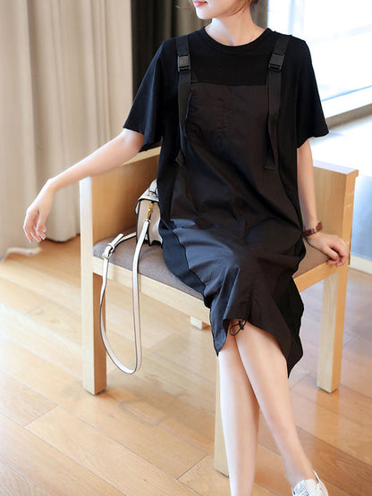 Original Casual Loose Solid Color Split-Joint Round-Neck Half Sleeves False Two Midi Dress