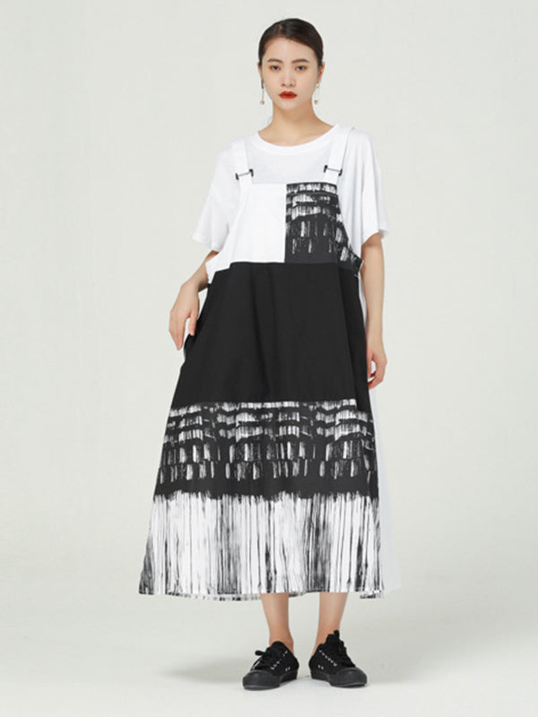 Stylish Irregular Graffiti Printed Split-Joint Strap Dress