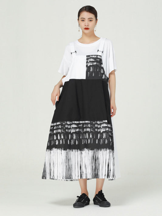 Stylish Irregular Graffiti Printed Split-Joint Strap Dress