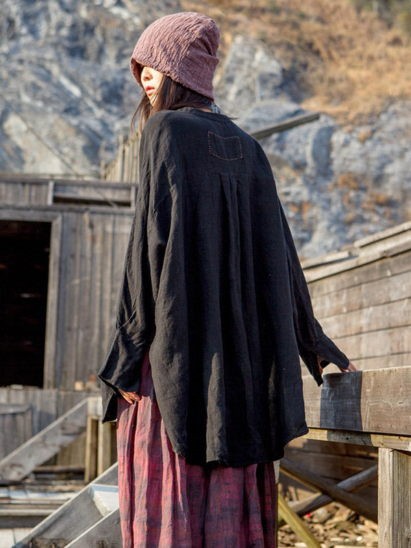 Artistic Retro Irregular Ramie Cotton Pleated V-Neck Long Sleeves T-Shirt