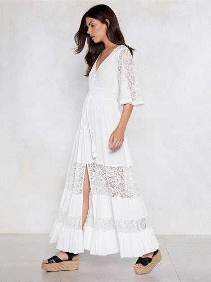 V-neck Lace Elastic Waist Maxi Dress