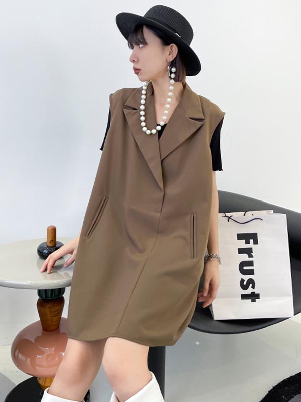 Urban Solid Color Split-Joint Notched Collar Sleeveless Mini Blazer Dress
