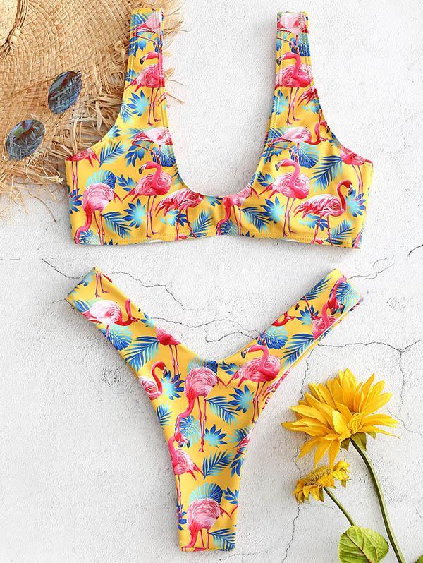 High Cut Flamingo Printed Bikinis Swimwear