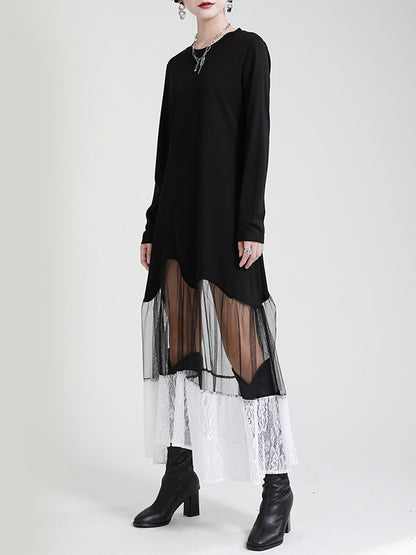 Stylish Original Split-Joint Embroidered Hollow Lace Round-Neck Long Sleeves Maxi Dress