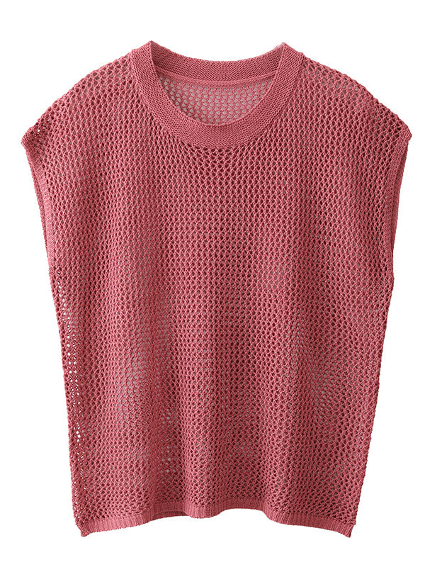 Simple Loose Solid Color Linen Hollow T-Shirt Top