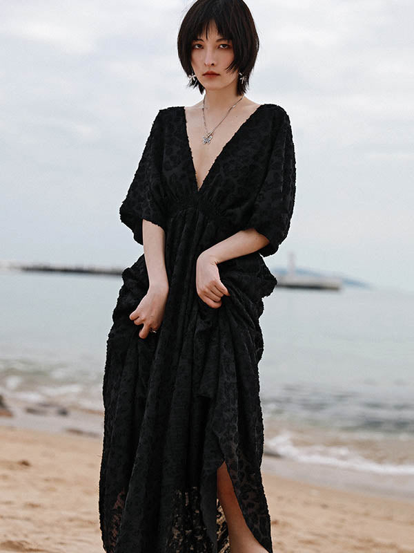 Stylish Solid Color Hollow Embroidered Mesh Backless Split-Side V-Neck Half Sleeves Maxi Dress