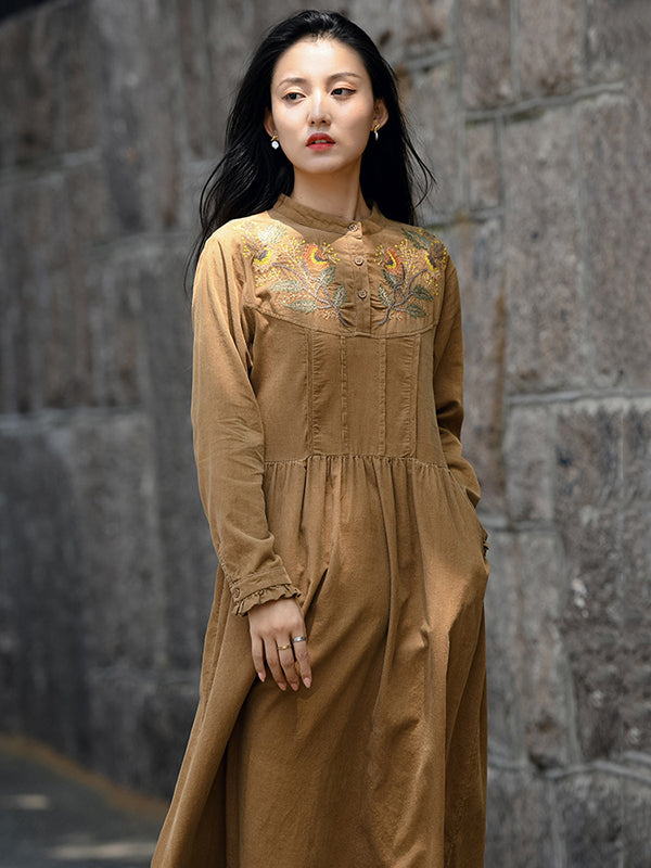 Vintage A-Line Loose Embroidered Stand Collar Midi Dresses