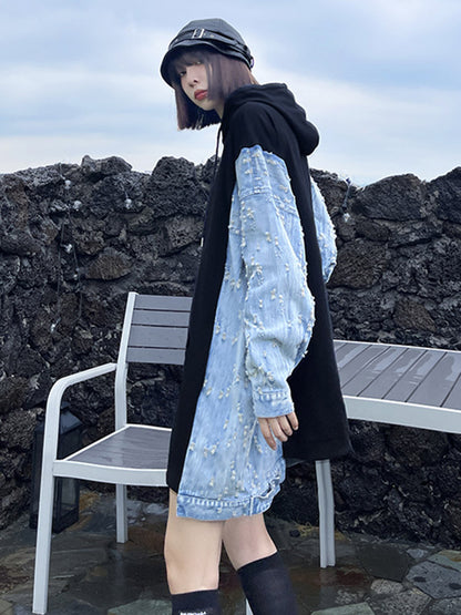 Original Stylish Loose Denim Split-Joint Hooded Long Sleeves Hoodies
