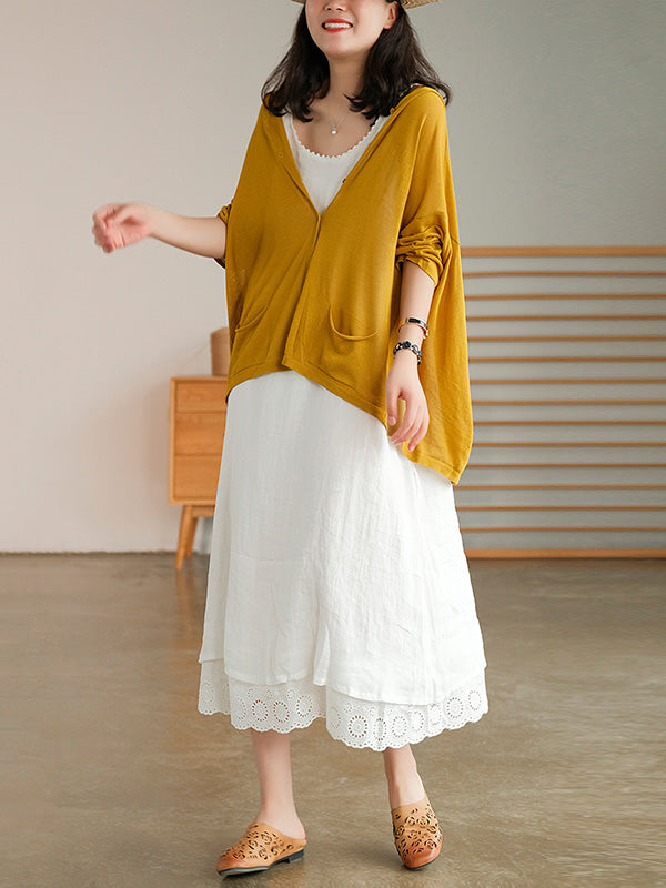 Casual Batwing Sleeve Hooded High-Low V-Neck Buttoned Cardigans
