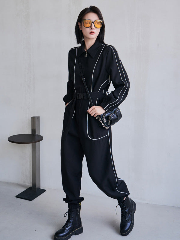 Cool Street Loose High-Waist Zipper Reflective Stripe Lapel Collar Long Sleeves Wide Leg Jumpsuits