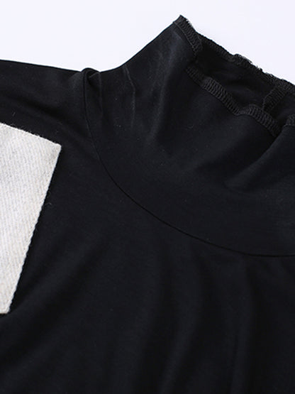 Casual Contrast Color Split-Joint High-Neck Long Sleeves T-Shirt Tops