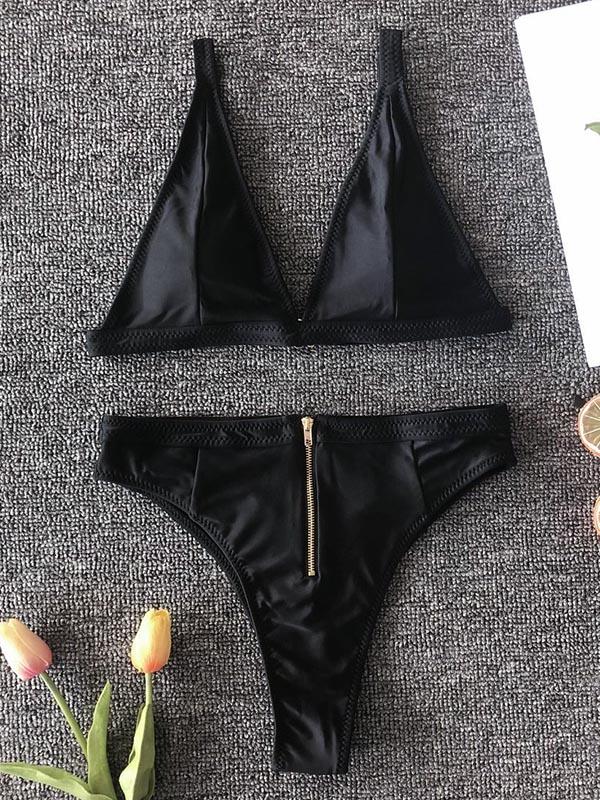 Solid Color Triangles Split Bikini Swimsuit