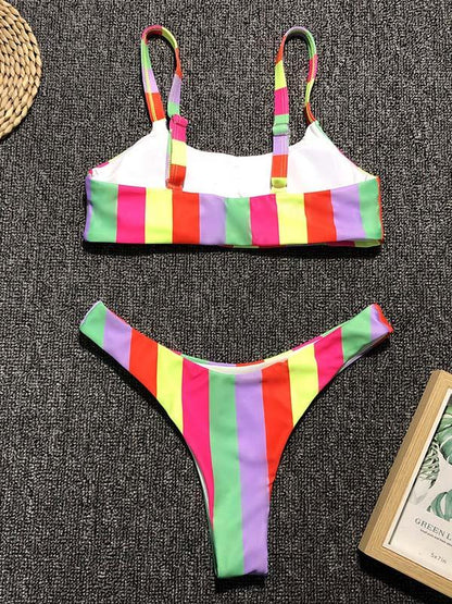 Sports Colors Striped Bikini Swimsuit