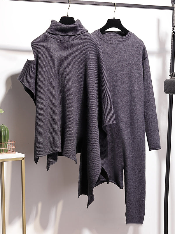Solid Round-Neck Sweater Dresses And Irregularity Batwing Sleeves High-Neck Cape Set