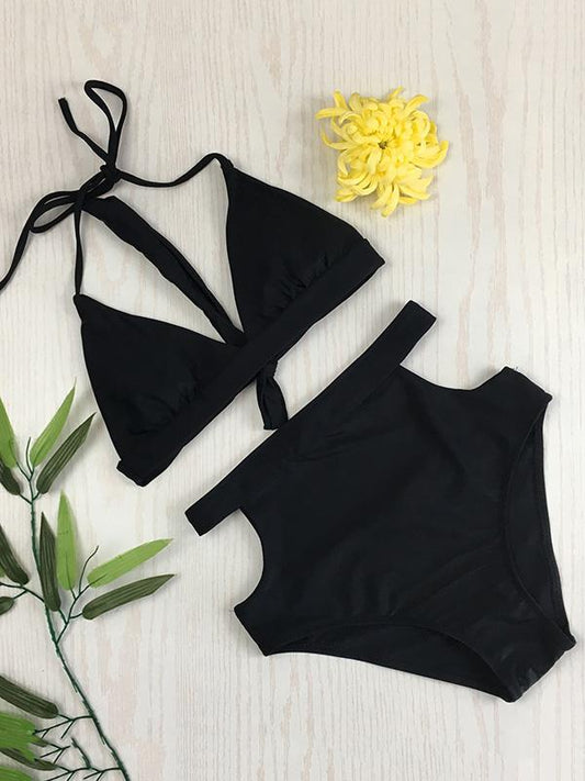 Solid Black Hollow Bikinis Swimwear