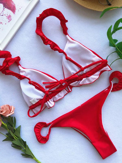 Plain Lettuce Frilled Bikini Swimsuit