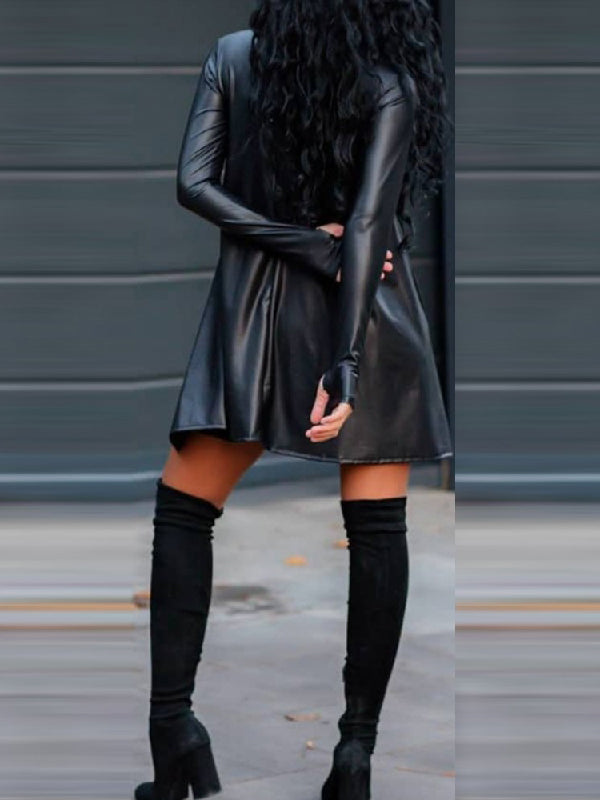 Original Urban Asymmetric High-Low Solid Color PU Mini Dress