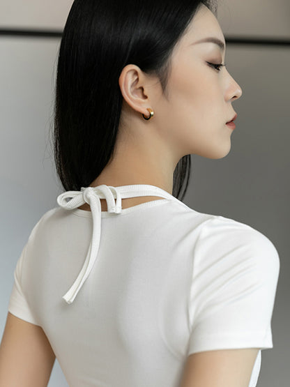 Stylish Halterneck Solid Color False Two Short Sleeves T-Shirt