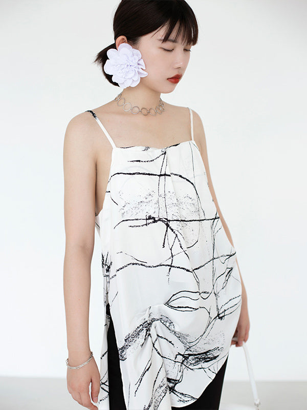 Vintage Printed Asymmetric Spaghetti-Neck Vest Top