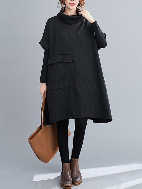 Urban Solid Color Half Sleeves High-Neck Knitting Midi Dress