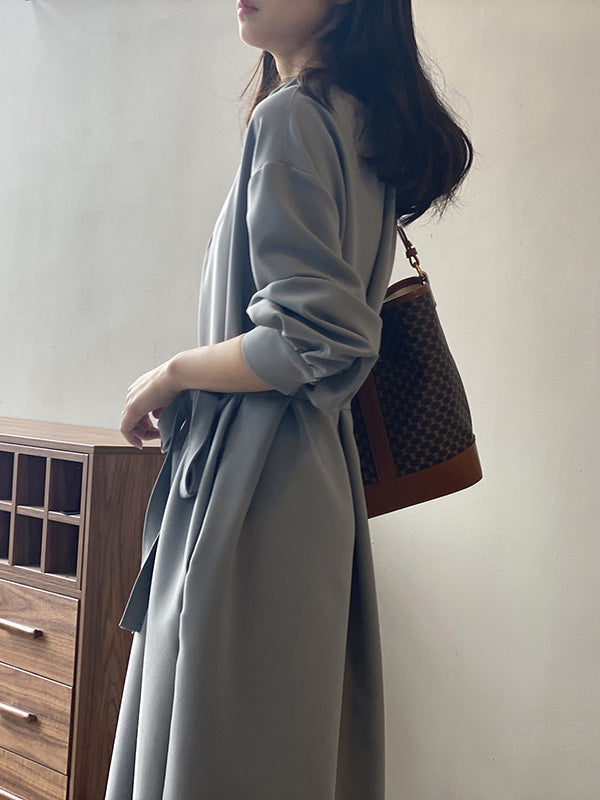 Urban Simple Solid Color Pleated Tied V-Neck Long Sleeves Midi Dress