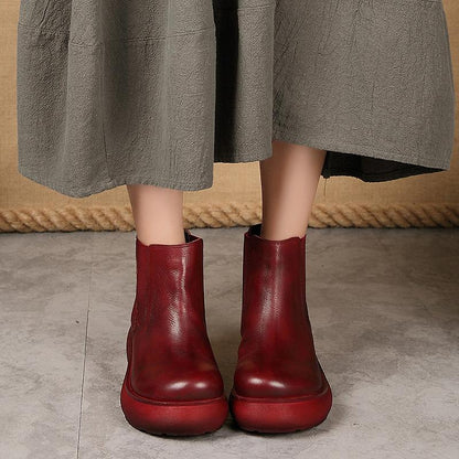 Buykud Pure Color Leather Stitching Retro Boots
