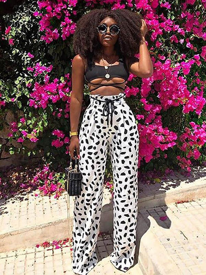 Polka Dot Pleated High waist Lace-up Casual Pants