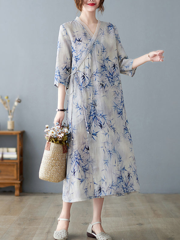 Artistic Retro Loose Floral Printed Tied V-Neck Midi Dress