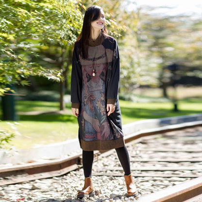 Cartoon Print Long Sleeve Midi Loose Dress