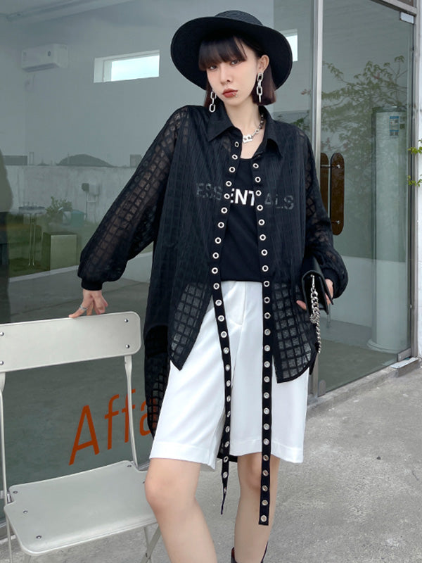 Stylish See-Through Buttoned High-Low Lapel Outerwear