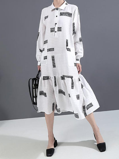 Lapel Collar Long Sleeve Loose Style Printed Belted Dress