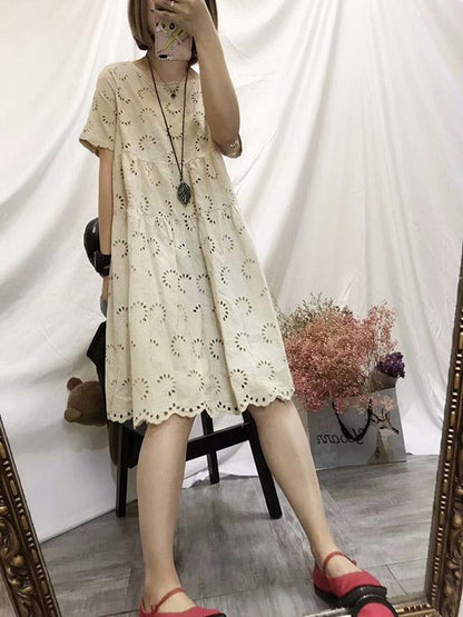 Cotton Vintage Embroidered Hollow Tiered Dress